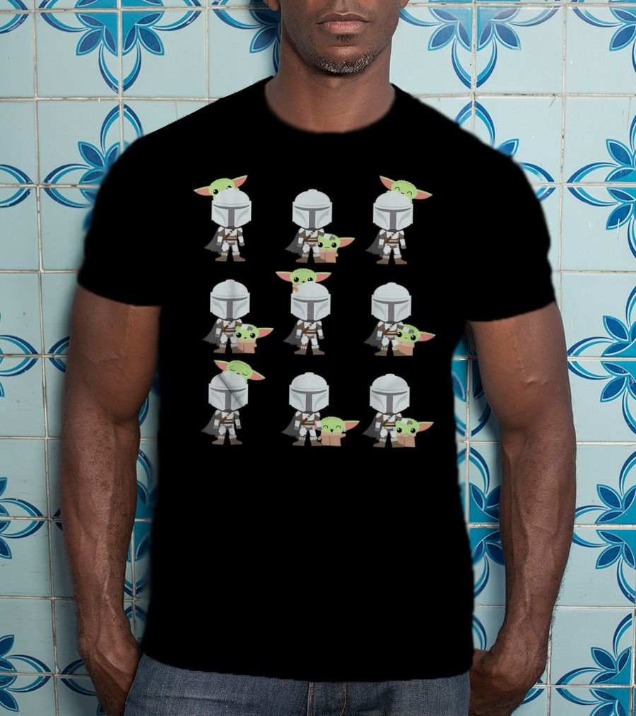 Star Wars The Mandalorian Baby Yoda Expressions Multiple Poses With Helmeted Hero T-Shirt