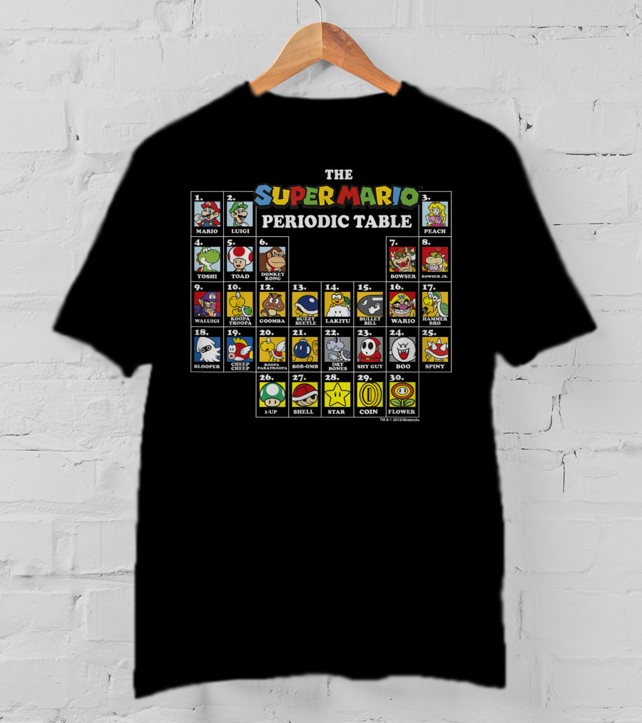 Super Mario Periodic Table Featuring Luigi Peach Yoshi Bowser Toad Donkey Kong And More Iconic Characters T-Shirt