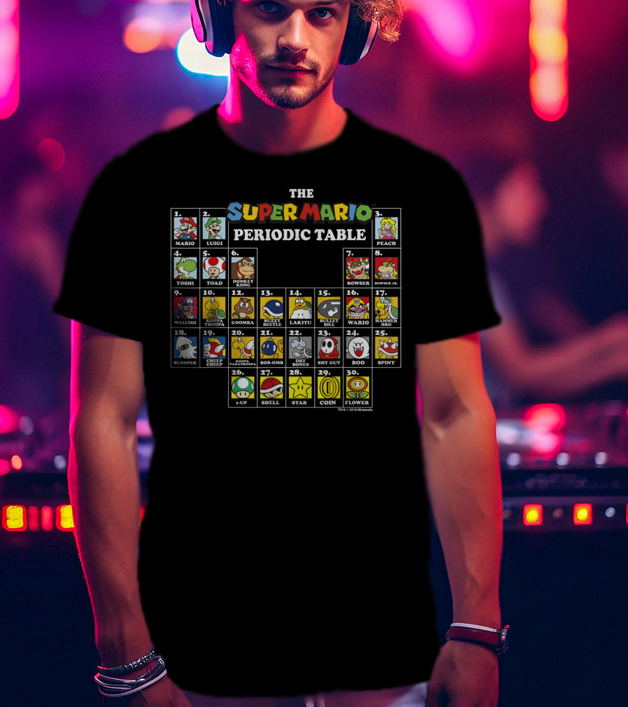 Super Mario Periodic Table Featuring Luigi Peach Yoshi Bowser Toad Donkey Kong And More Iconic Characters T-Shirt