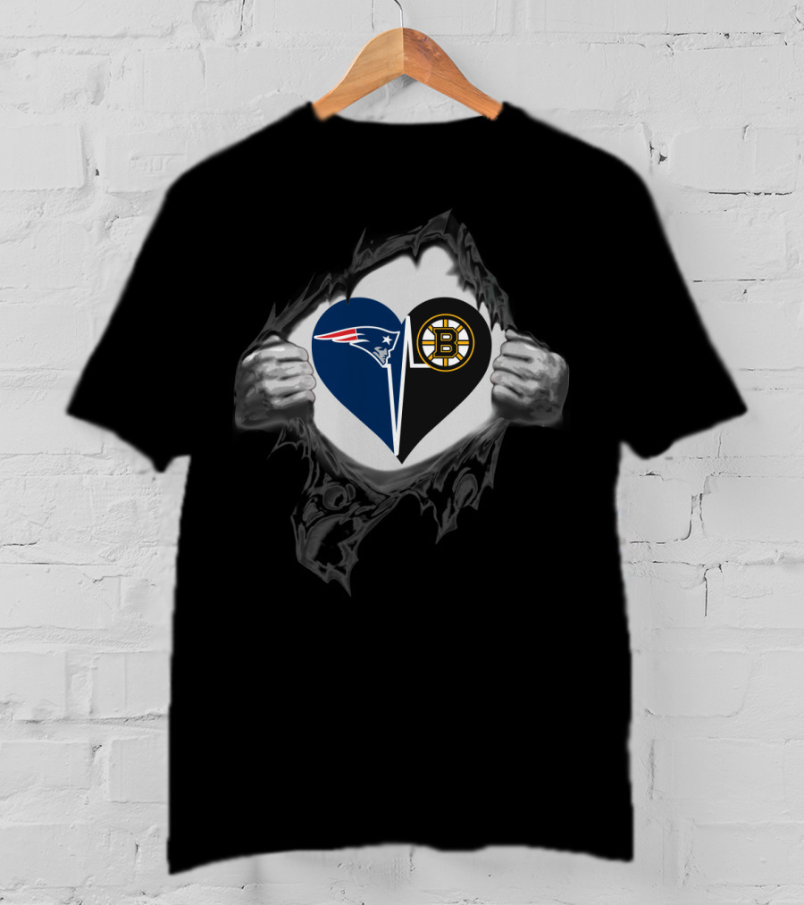 Patriots Bruins Heart Logos Hidden Under Tear T-Shirt
