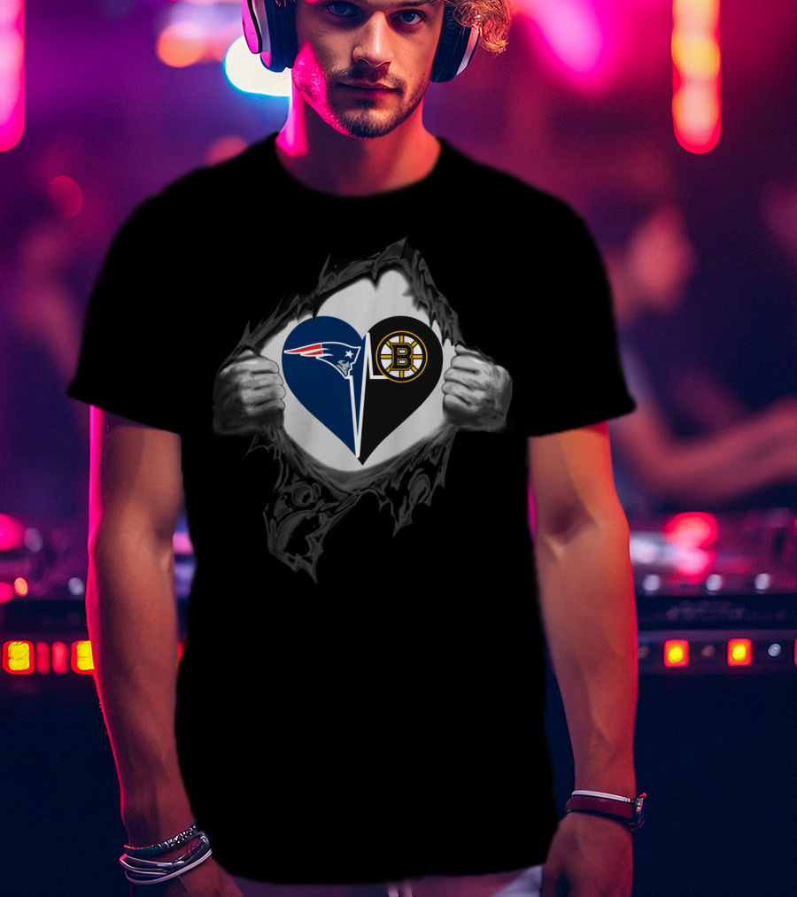 Patriots Bruins Heart Logos Hidden Under Tear T-Shirt