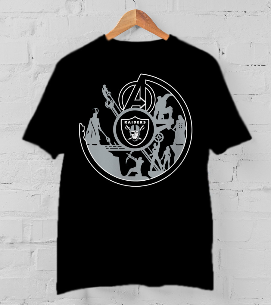 Avengers Raiders Crossover Emblem With Superhero Silhouettes And Icons T-Shirt
