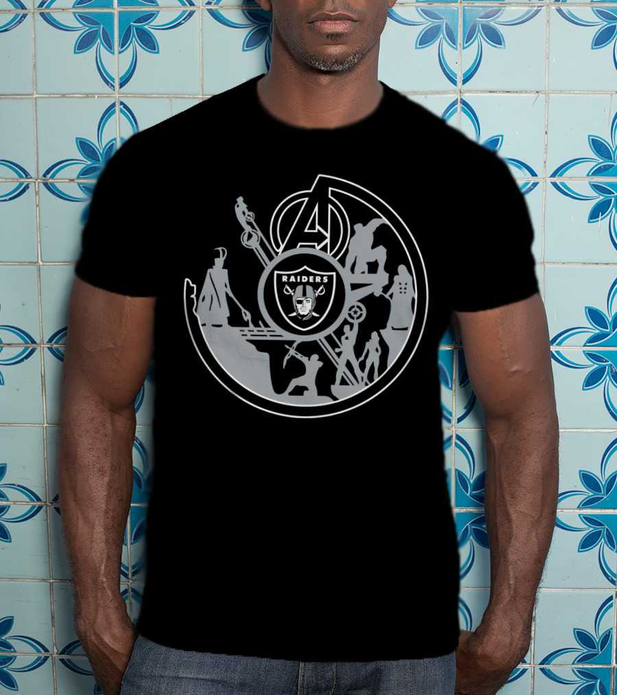 Avengers Raiders Crossover Emblem With Superhero Silhouettes And Icons T-Shirt