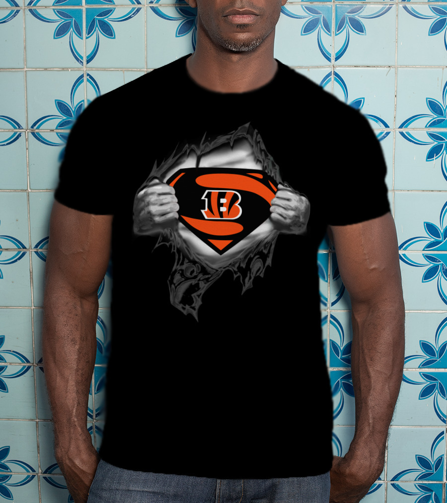Superman Bengals Logo Hidden Beneath Ripped T-Shirt
