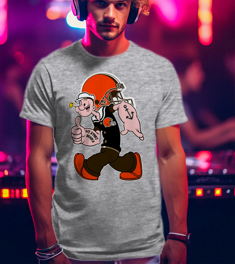 Browns Popeye My Strength Begins Football Helmet Anchor Tattoo T-Shirt