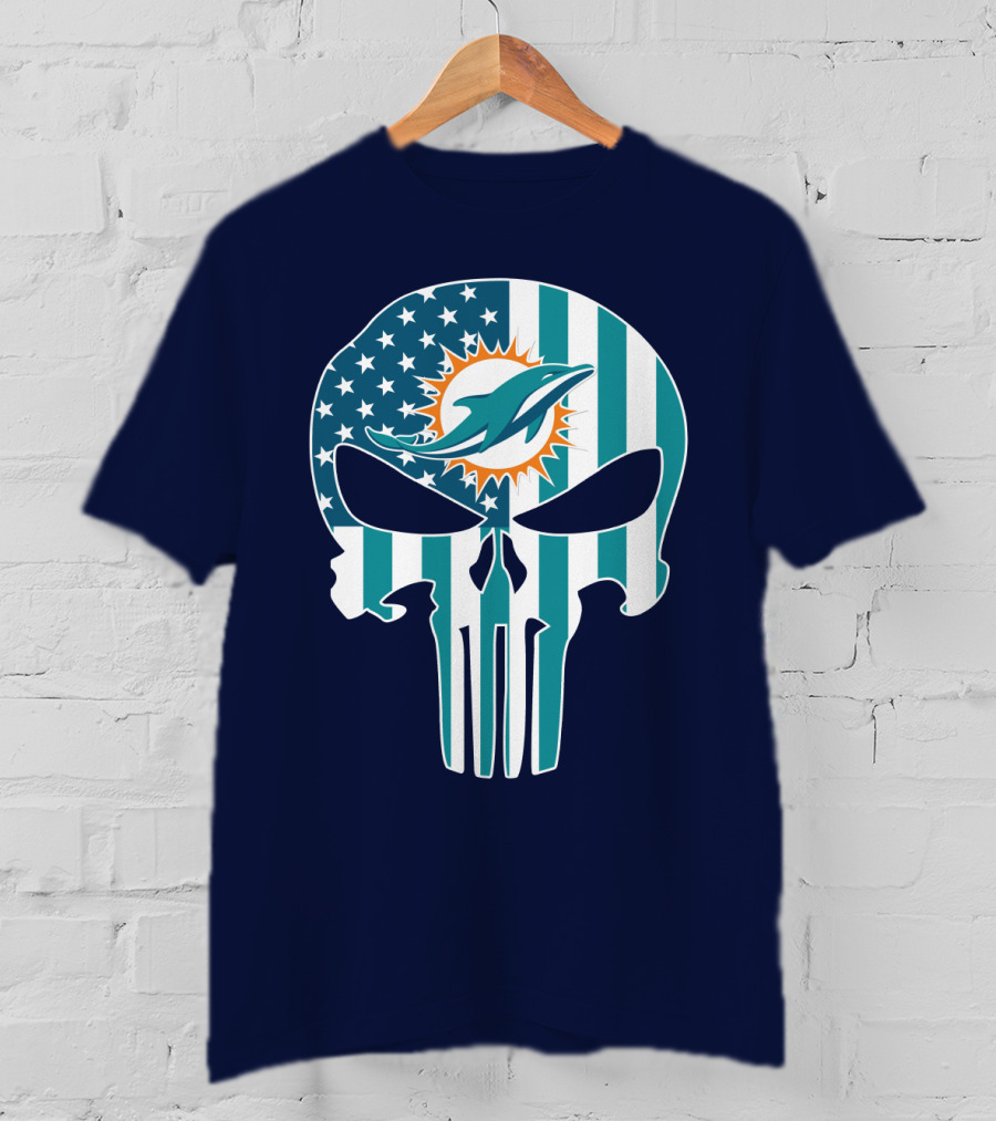 Miami Dolphins Punisher Skull American Flag T-Shirt