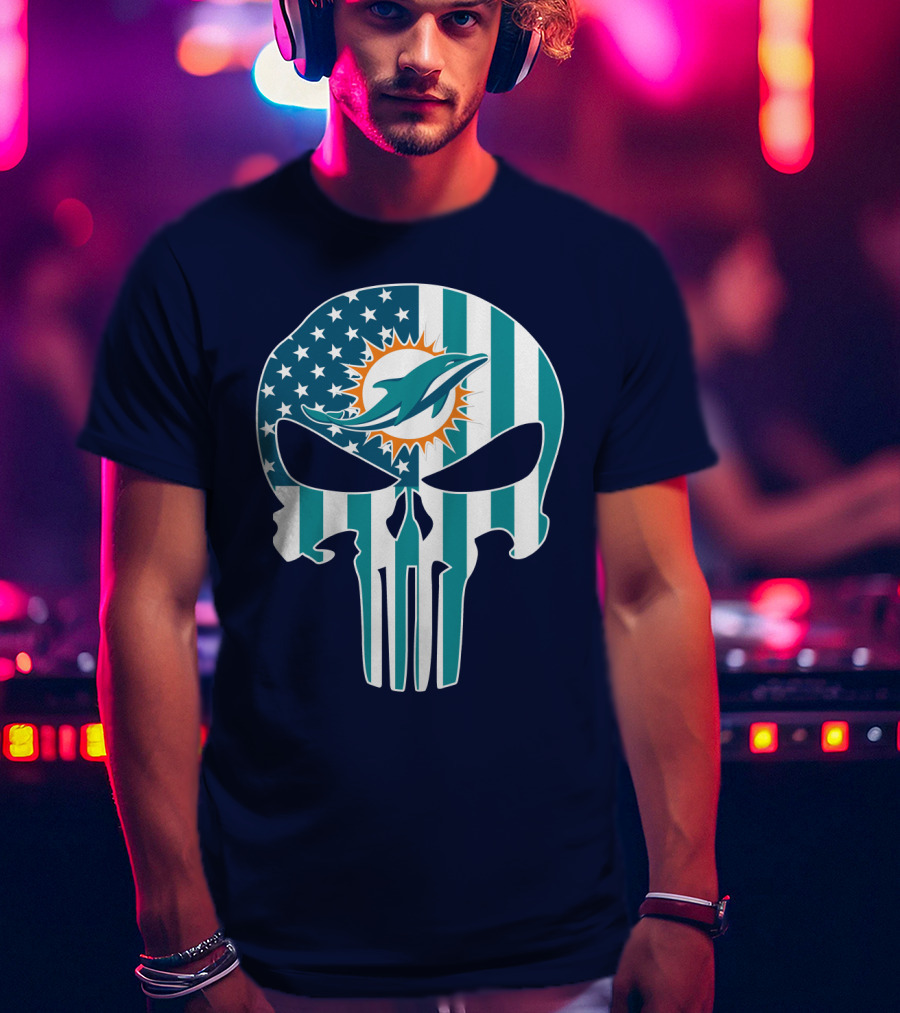 Miami Dolphins Punisher Skull American Flag T-Shirt