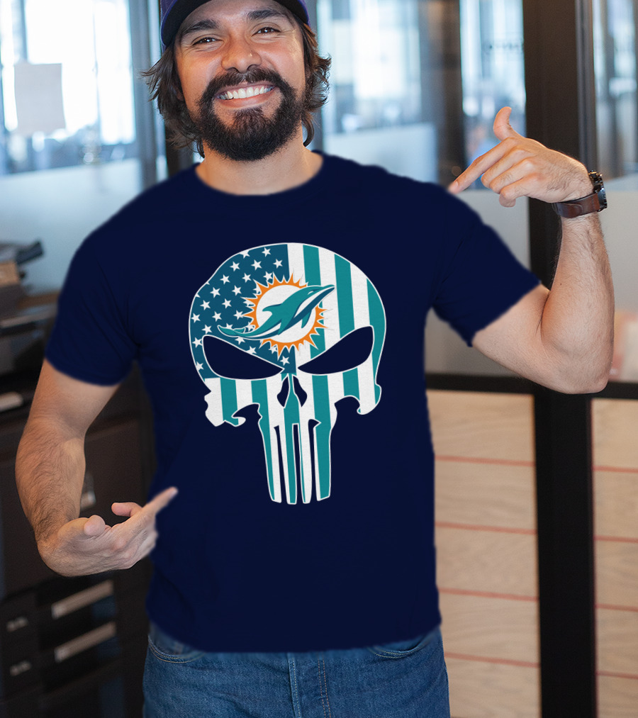 Miami Dolphins Punisher Skull American Flag T-Shirt