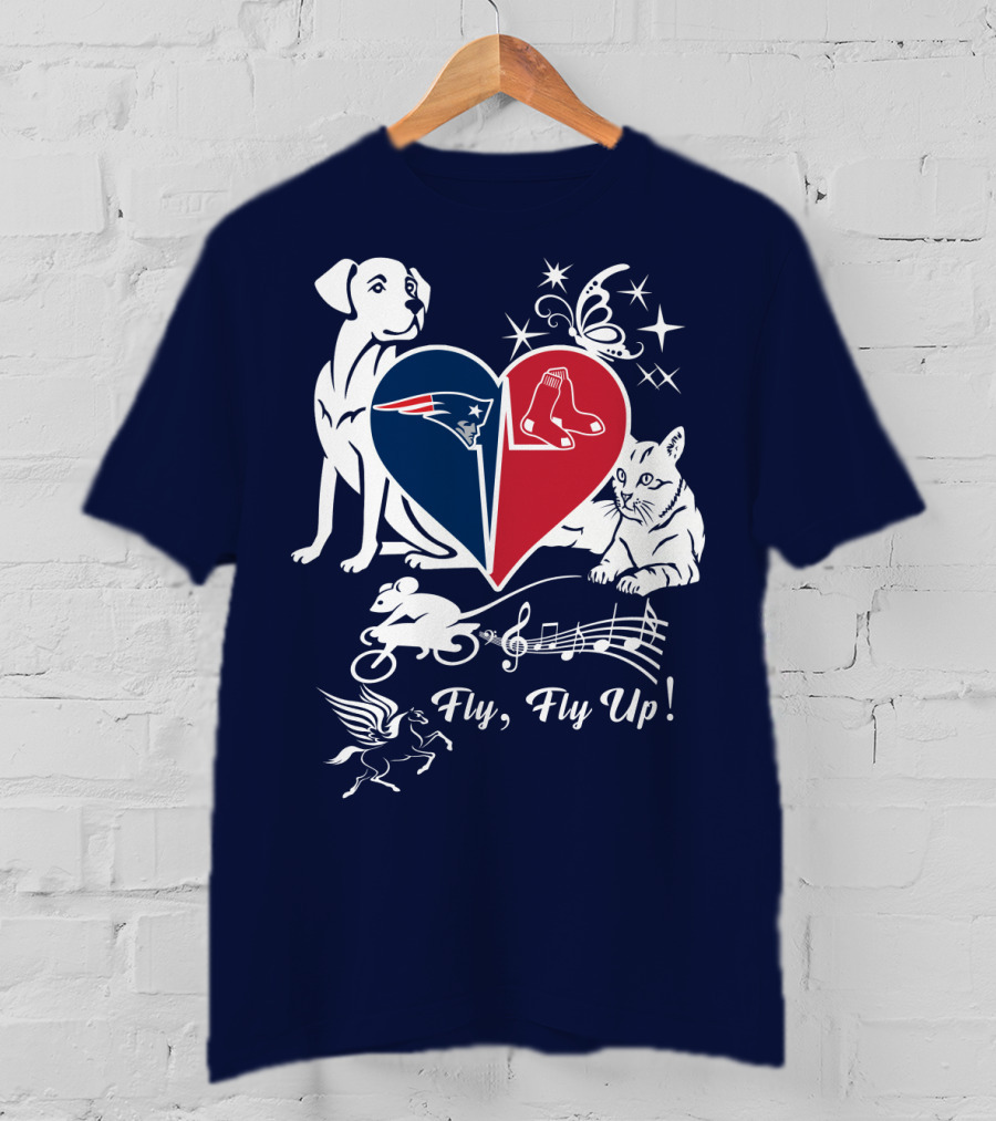New England Patriots Red Sox Heart With Animals And Fly Fly Up T-Shirt