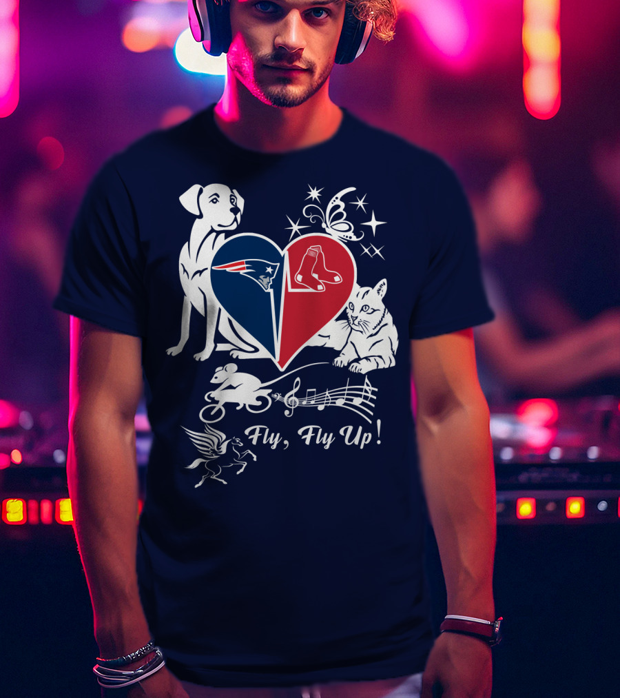 New England Patriots Red Sox Heart With Animals And Fly Fly Up T-Shirt