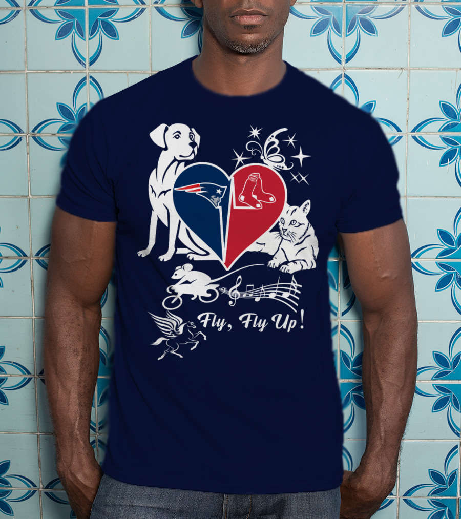 New England Patriots Red Sox Heart With Animals And Fly Fly Up T-Shirt