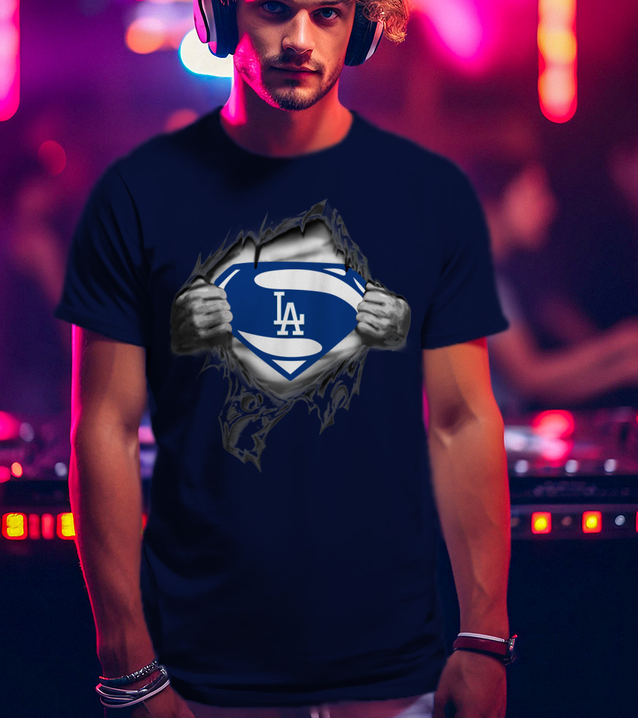 Superman Style Los Angeles Dodgers Logo On Blue T-Shirt