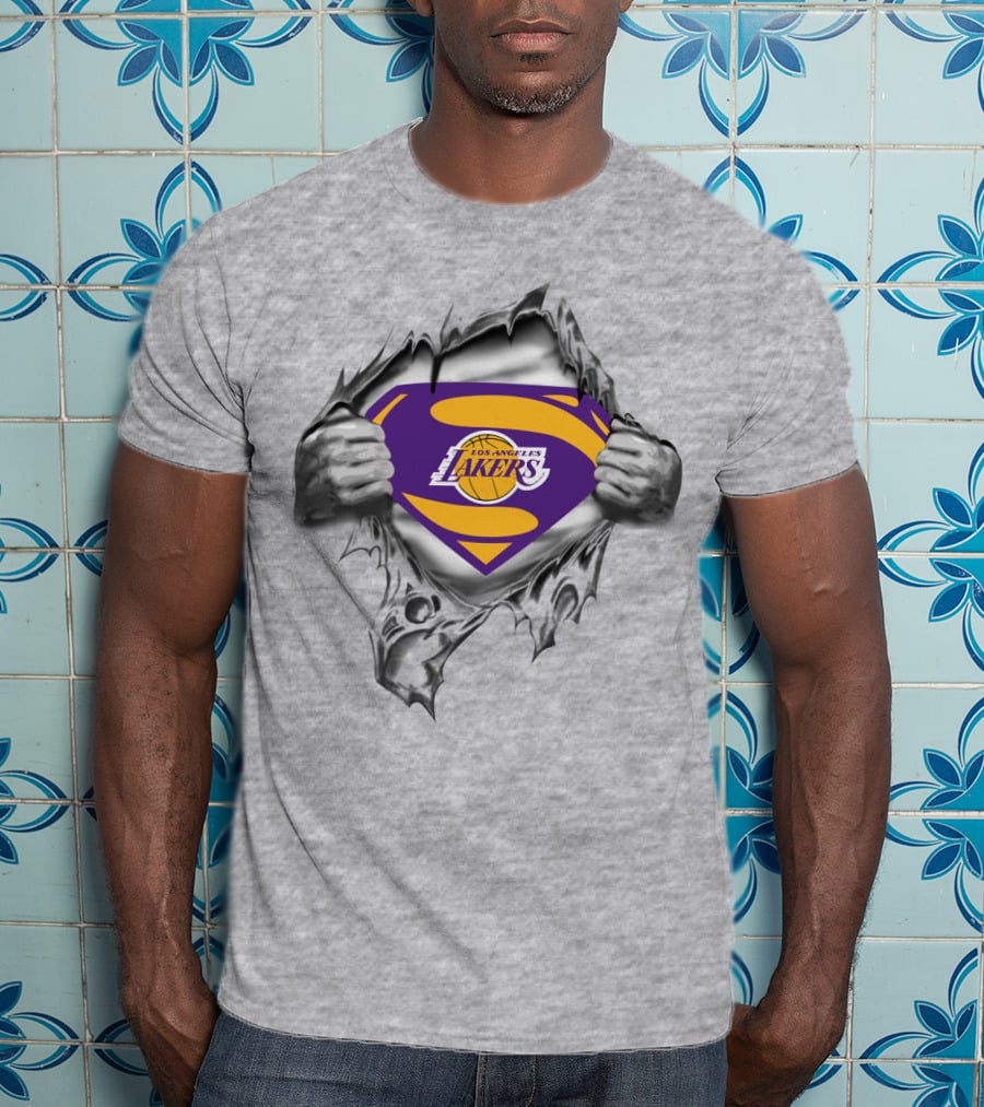 Superman Los Angeles Lakers Basketball Logo Inside Ripped T-Shirt