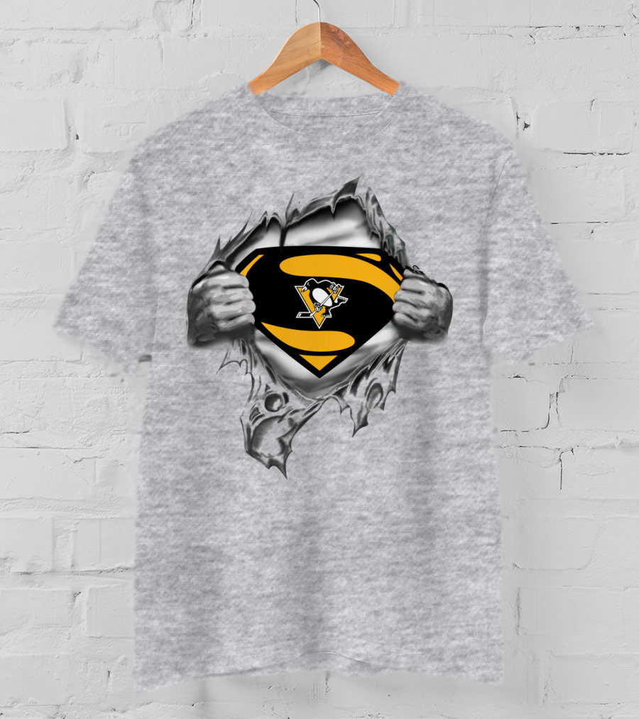 Superman Pittsburgh Penguins Logo Busting Through Silver T-Shirt