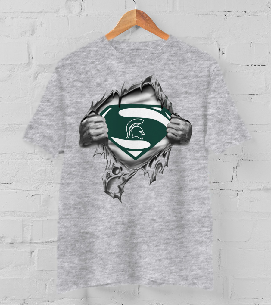 Michigan State Spartans Logo Superman Shield Pulled Open Hands T-Shirt