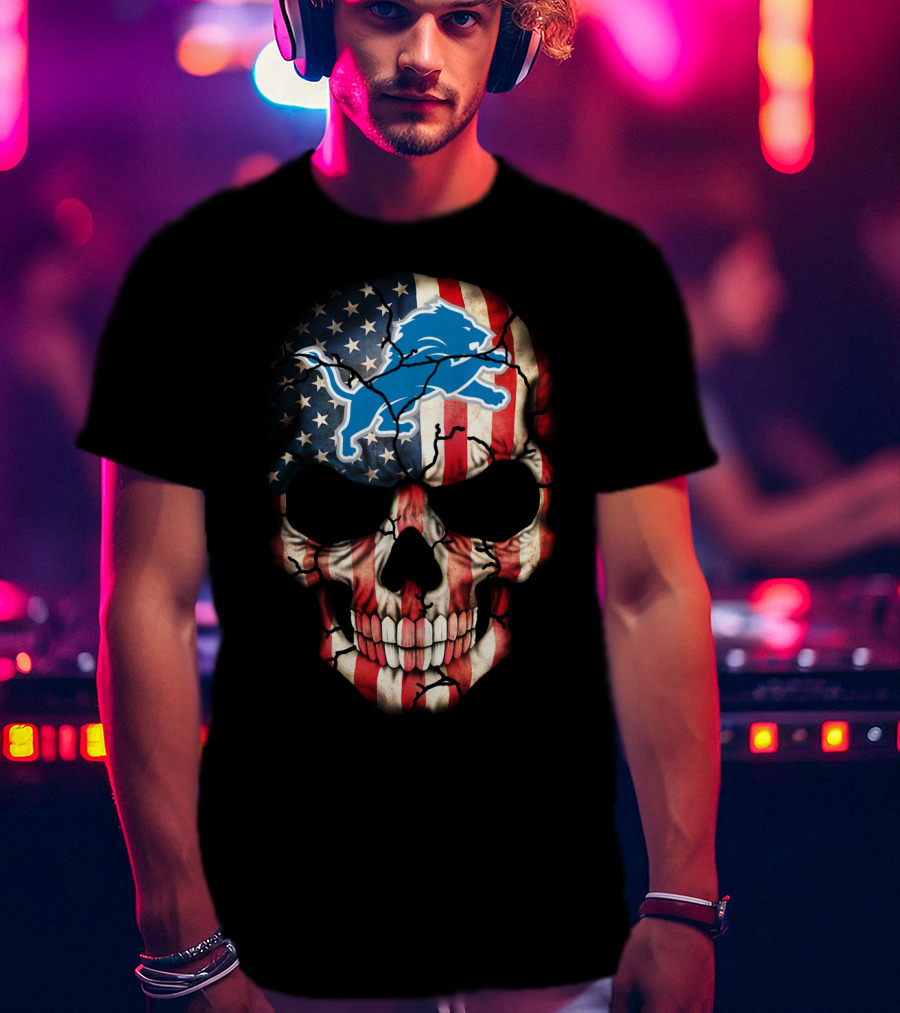 Detroit Lions American Flag Skull T-Shirt