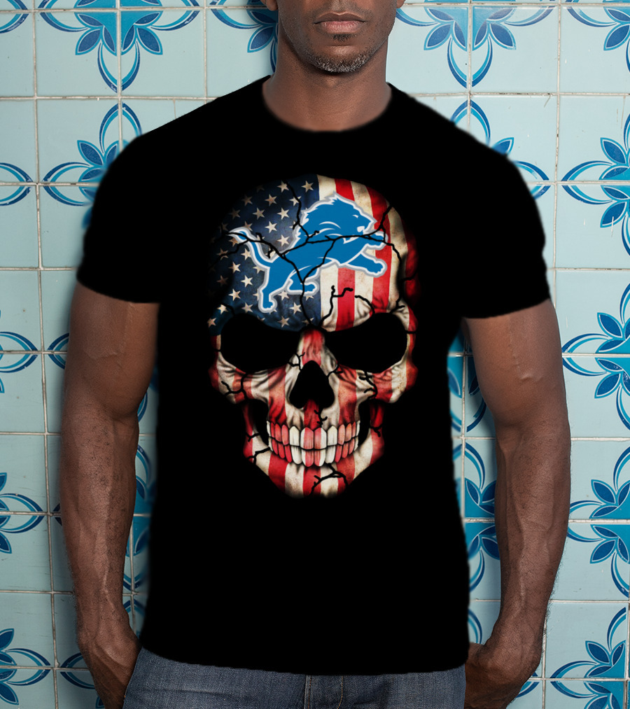 Detroit Lions American Flag Skull T-Shirt