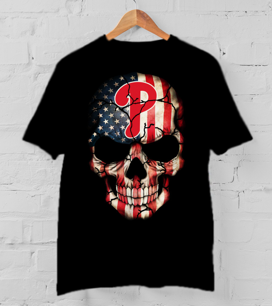 Phillies Skull American Flag Cracked T-Shirt