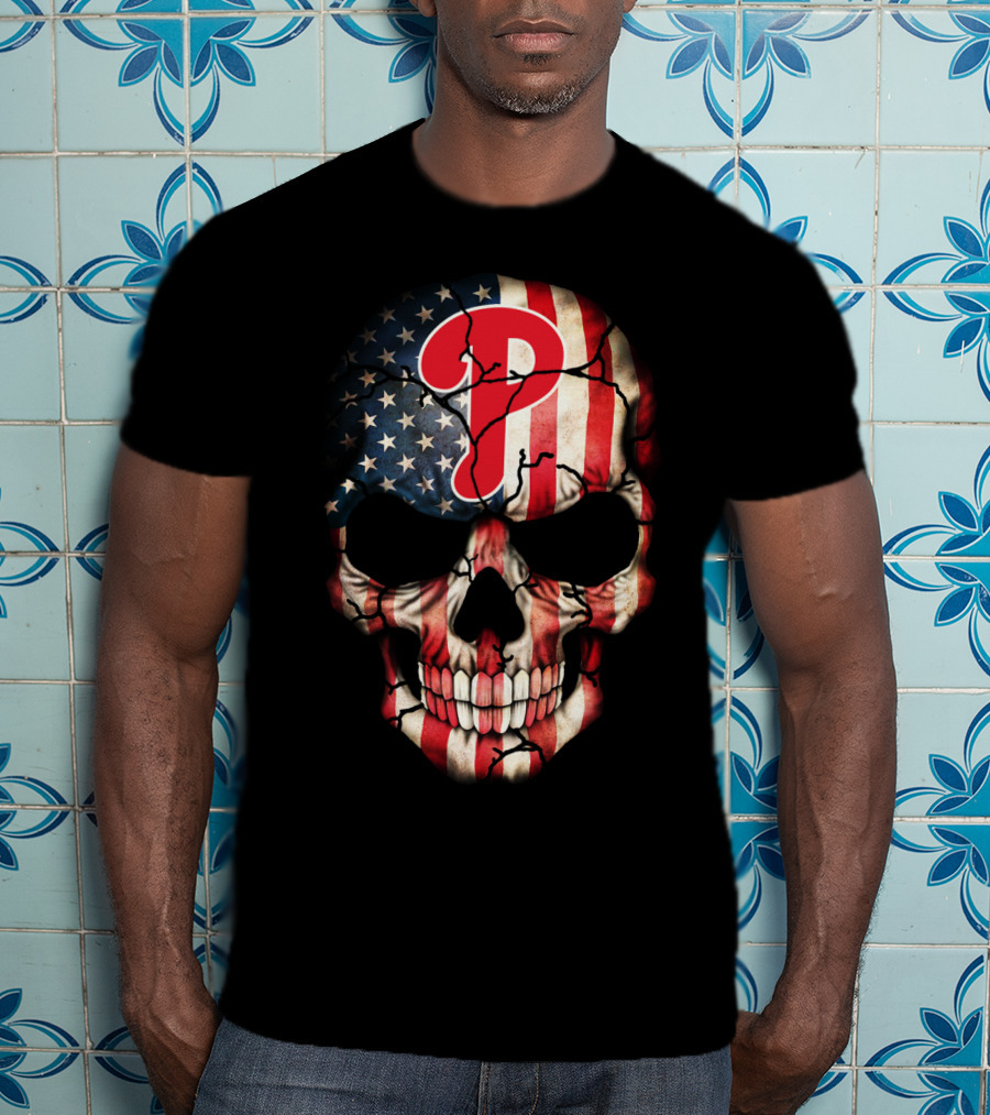Phillies Skull American Flag Cracked T-Shirt