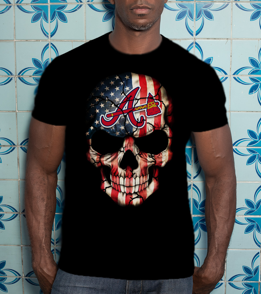 Skull With Braves Logo And American Flag T-Shirt
