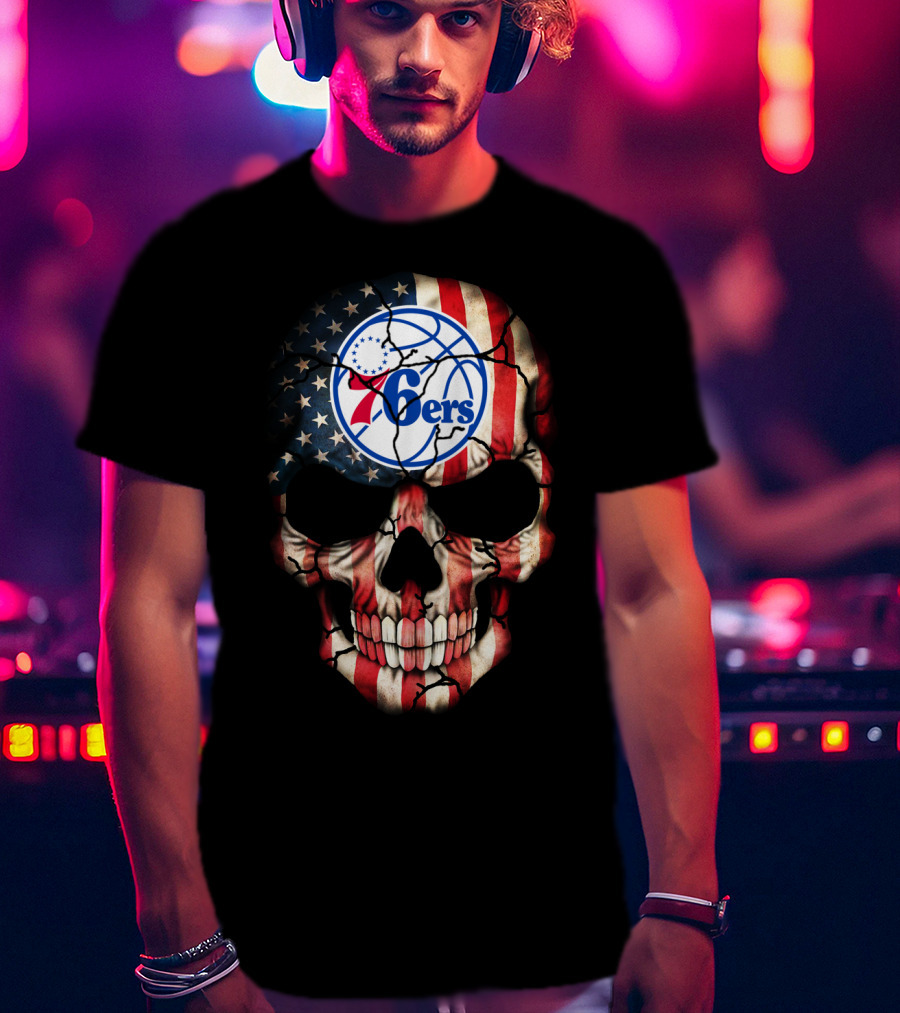 Philadelphia 76ers American Flag Skull T-Shirt