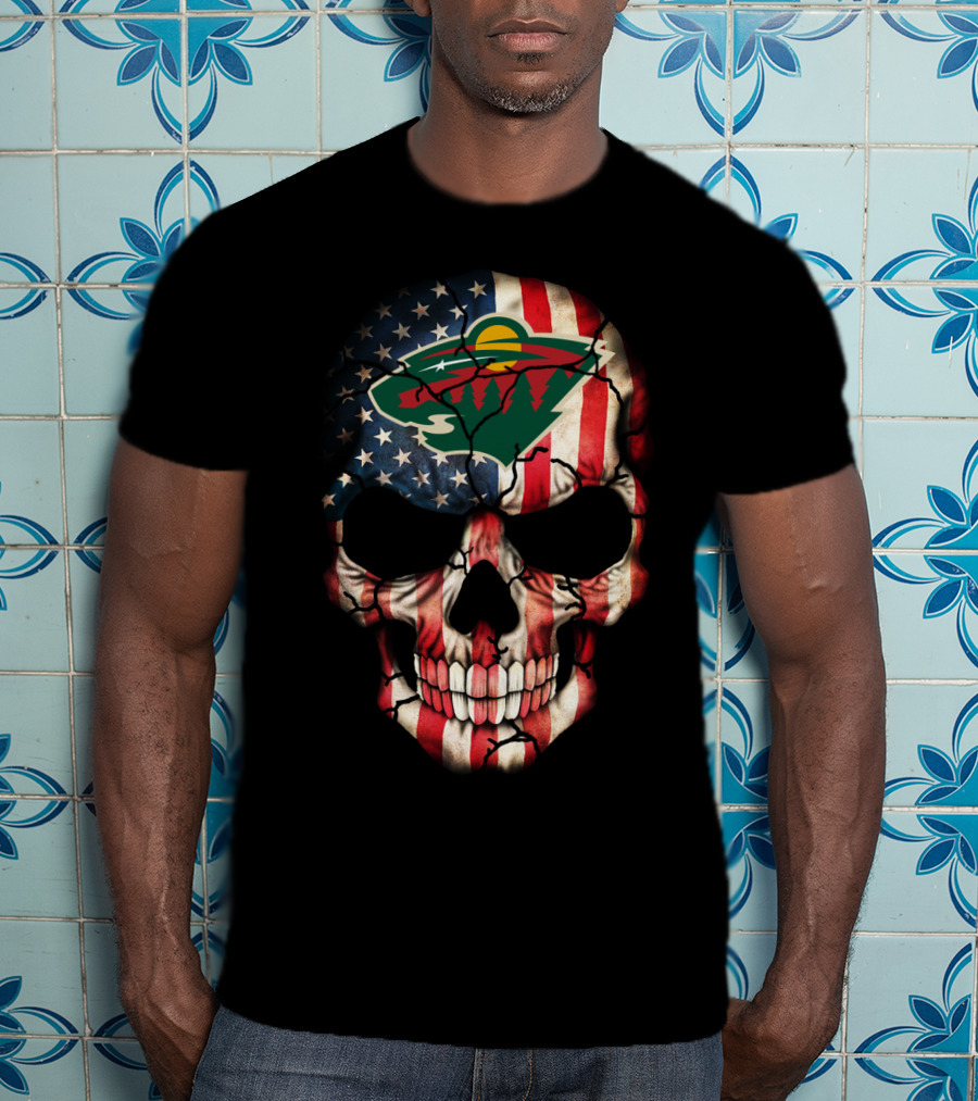 Minnesota Wild American Flag Skull T-Shirt