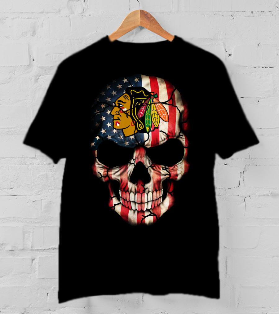 Chicago Blackhawks Skull American Flag T-Shirt