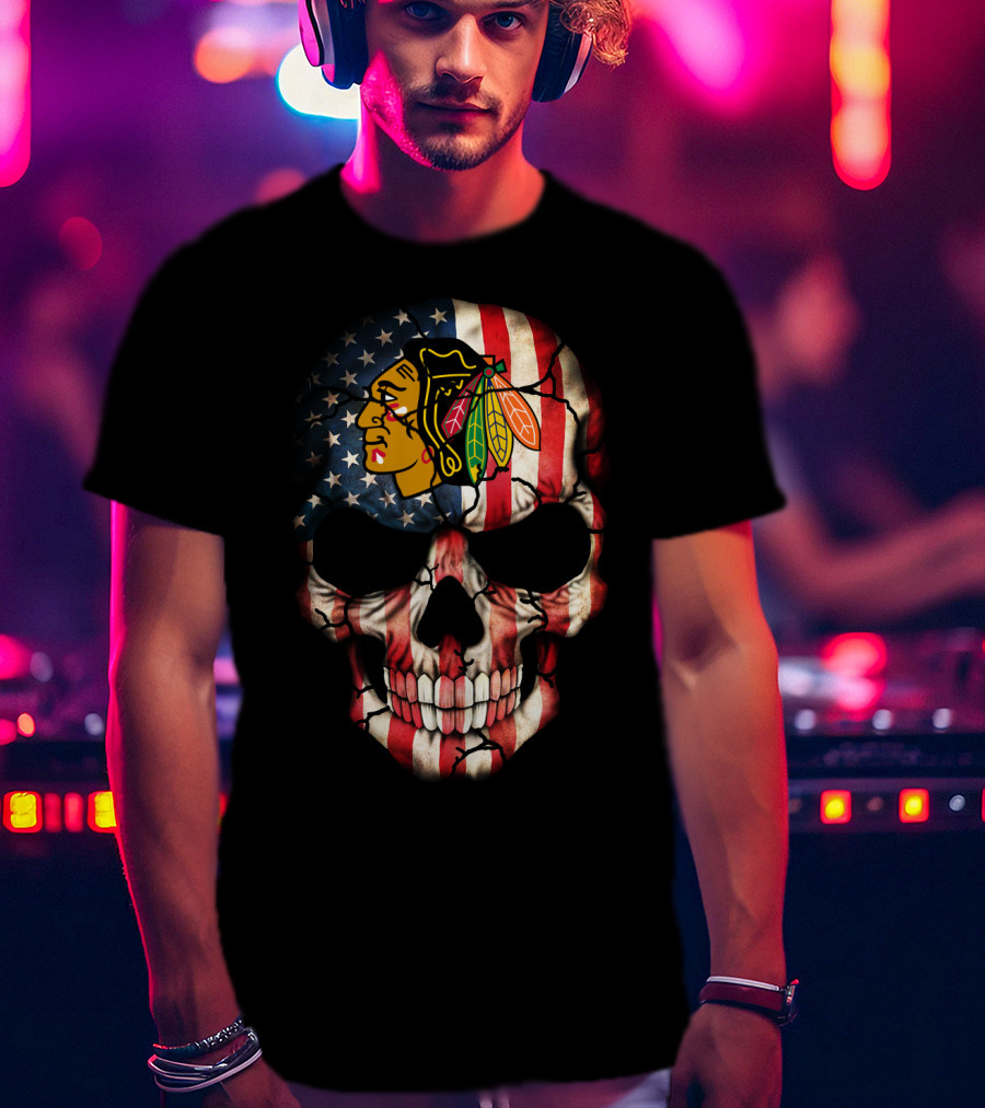 Chicago Blackhawks Skull American Flag T-Shirt