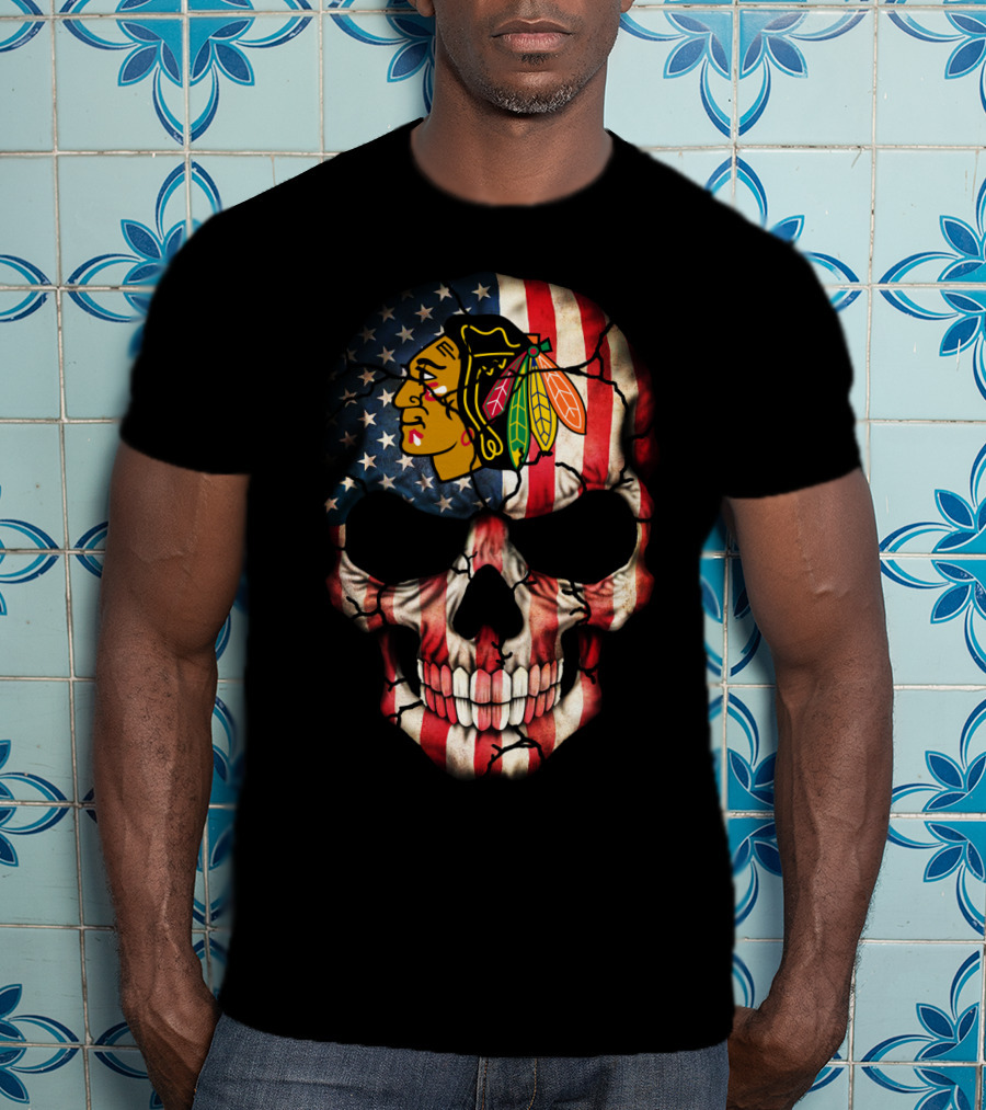 Chicago Blackhawks Skull American Flag T-Shirt