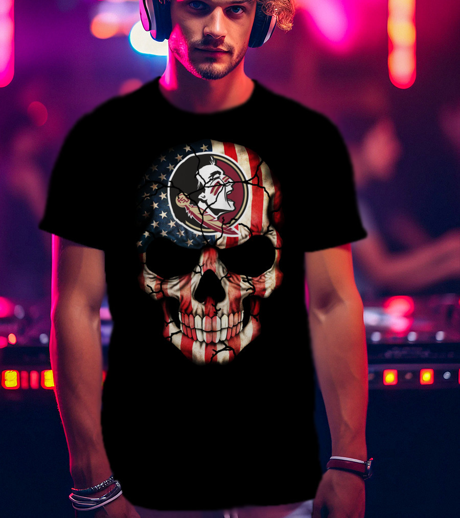 Florida State Seminoles Skull With American Flag Theme T-Shirt