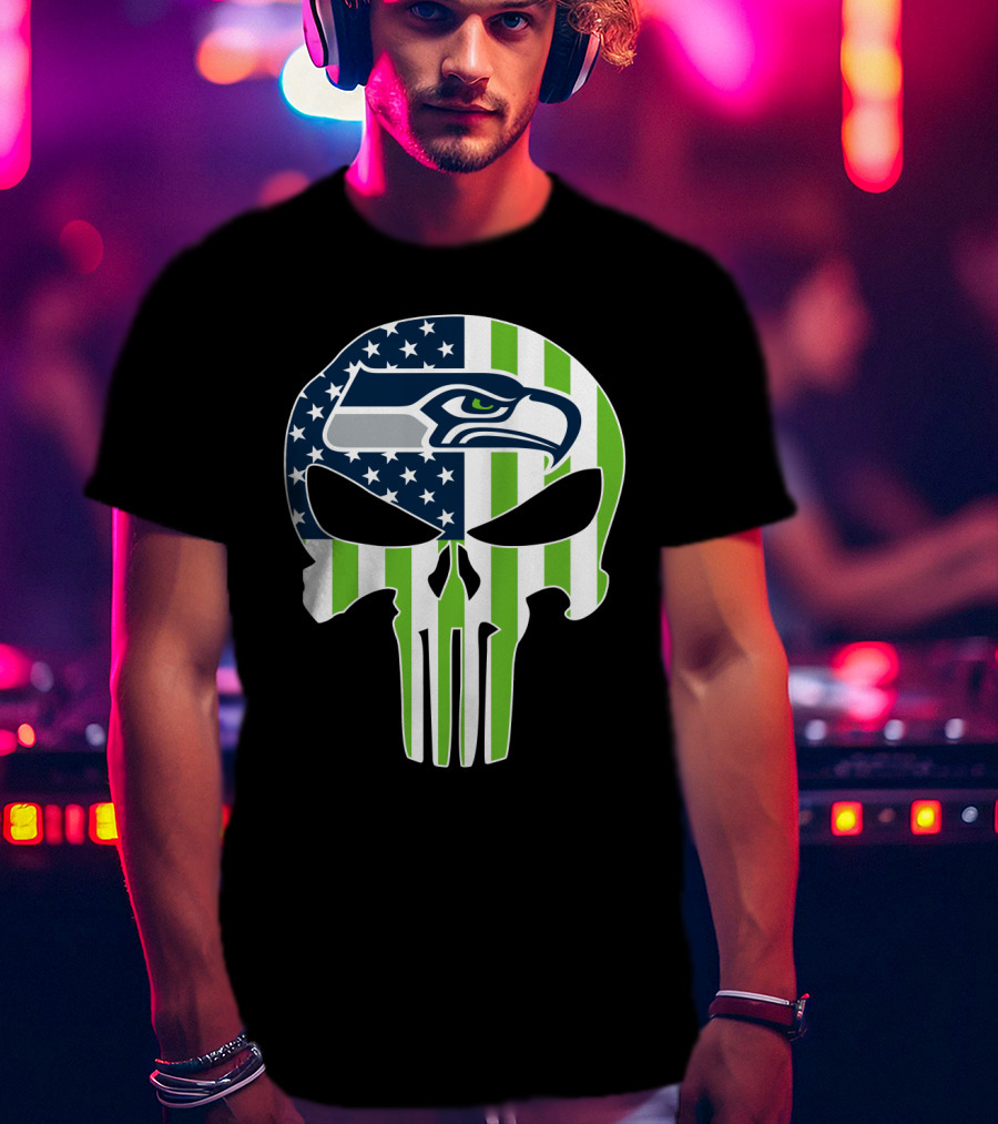 Seahawks Skull American Flag T-Shirt
