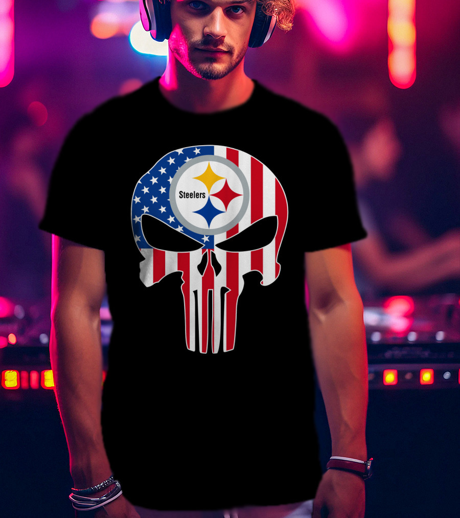 Steelers American Flag Skull T-Shirt