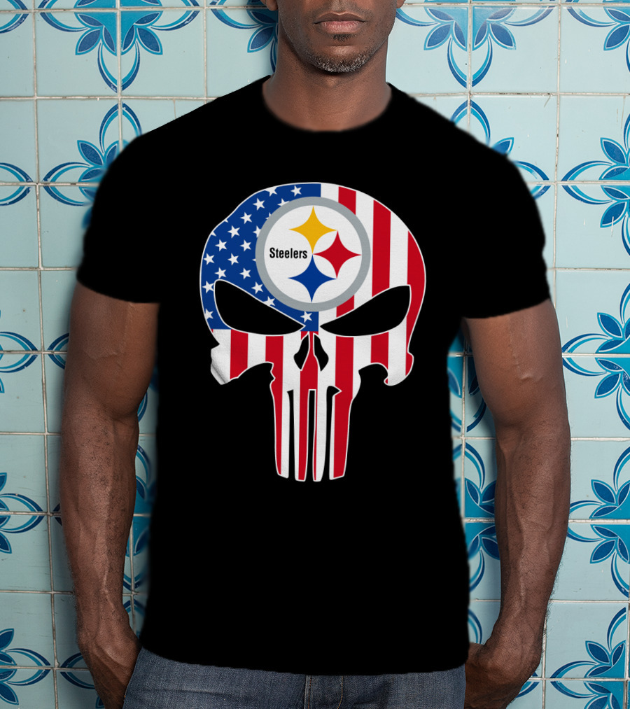 Steelers American Flag Skull T-Shirt