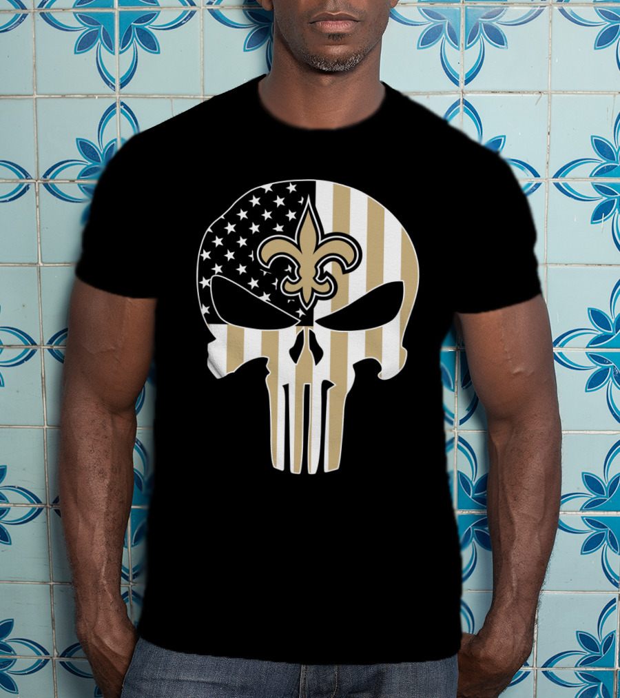 Saints Punisher Skull American Flag Fleur-De-Lis T-Shirt