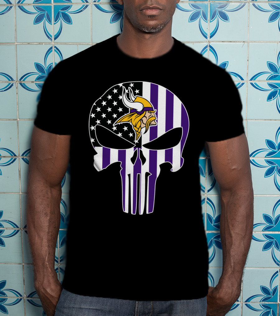 Minnesota Vikings Punisher American Flag Skull T-Shirt