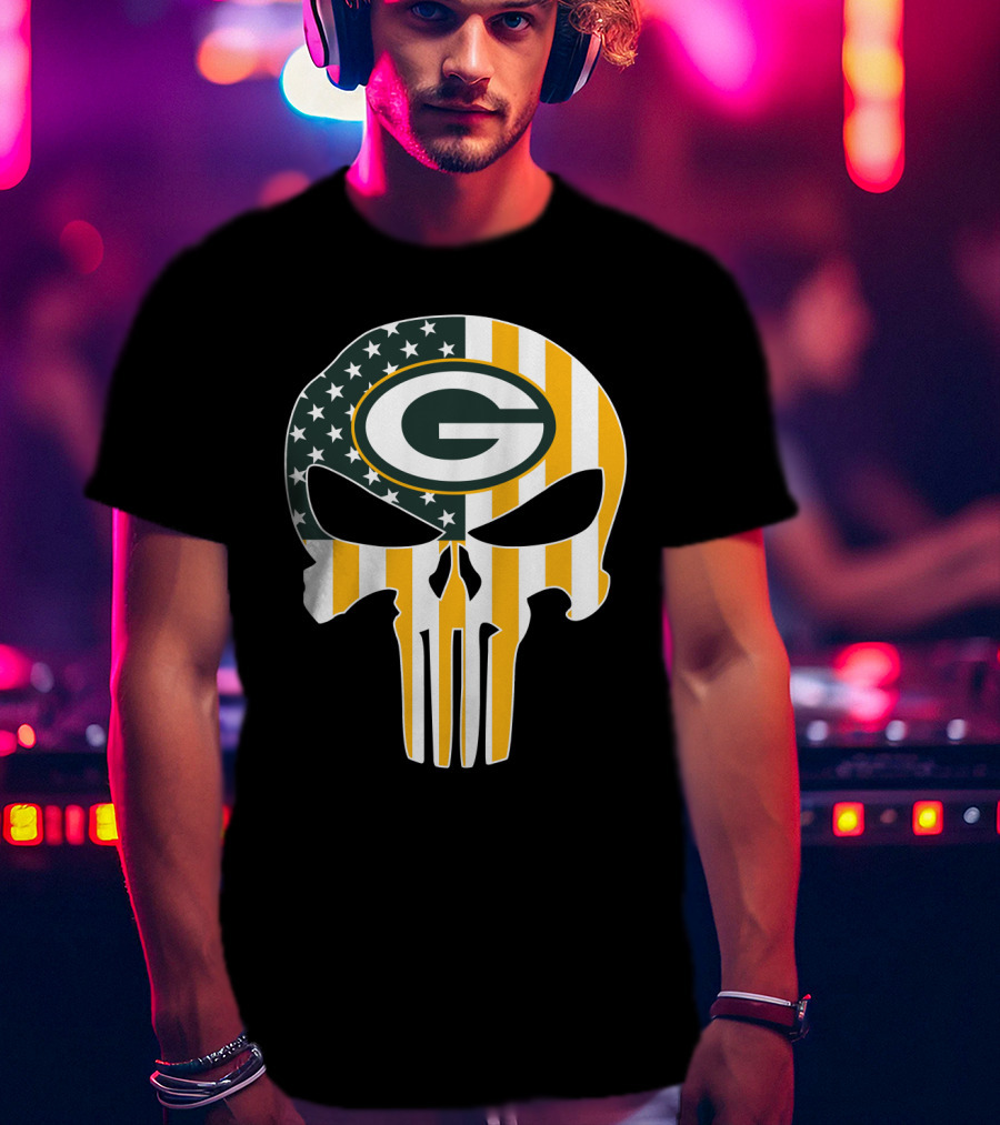 Green Bay Packers Punisher Skull American Flag T-Shirt