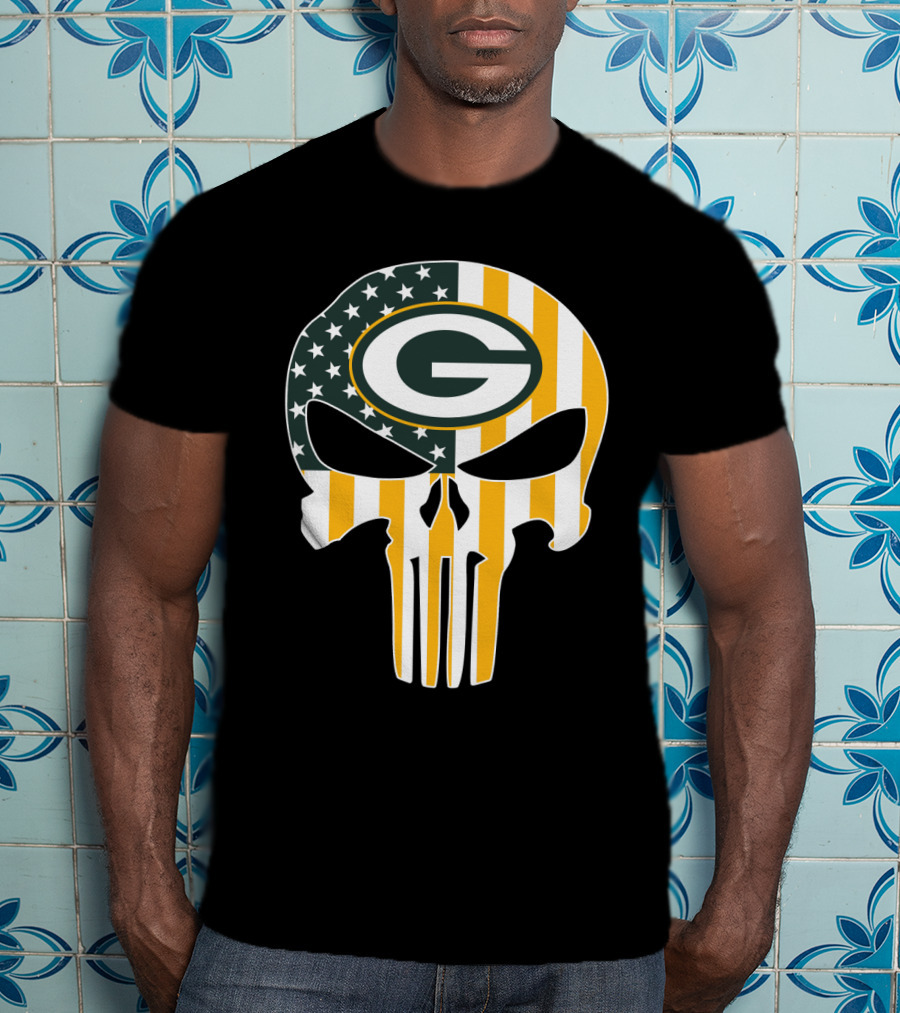Green Bay Packers Punisher Skull American Flag T-Shirt