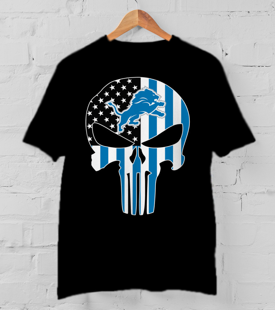 Detroit Lions Punisher Skull Logo American Flag T-Shirt