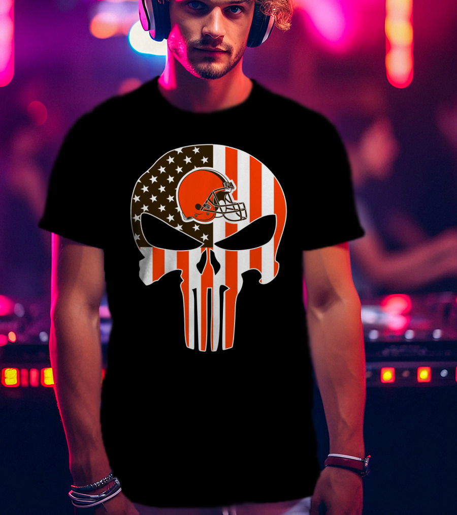Cleveland Browns Skull American Flag Helmet T-Shirt