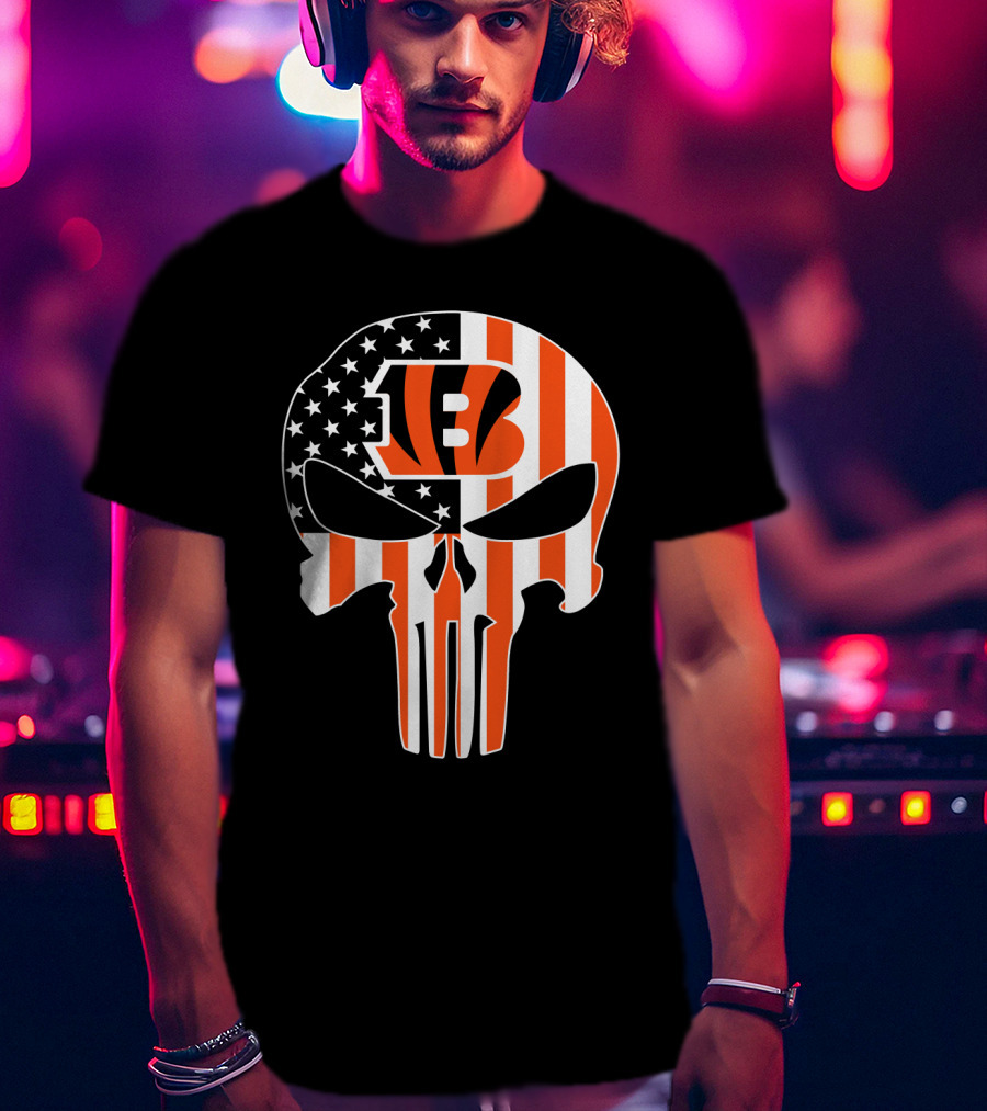 Bengals Skull American Flag Stripes T-Shirt