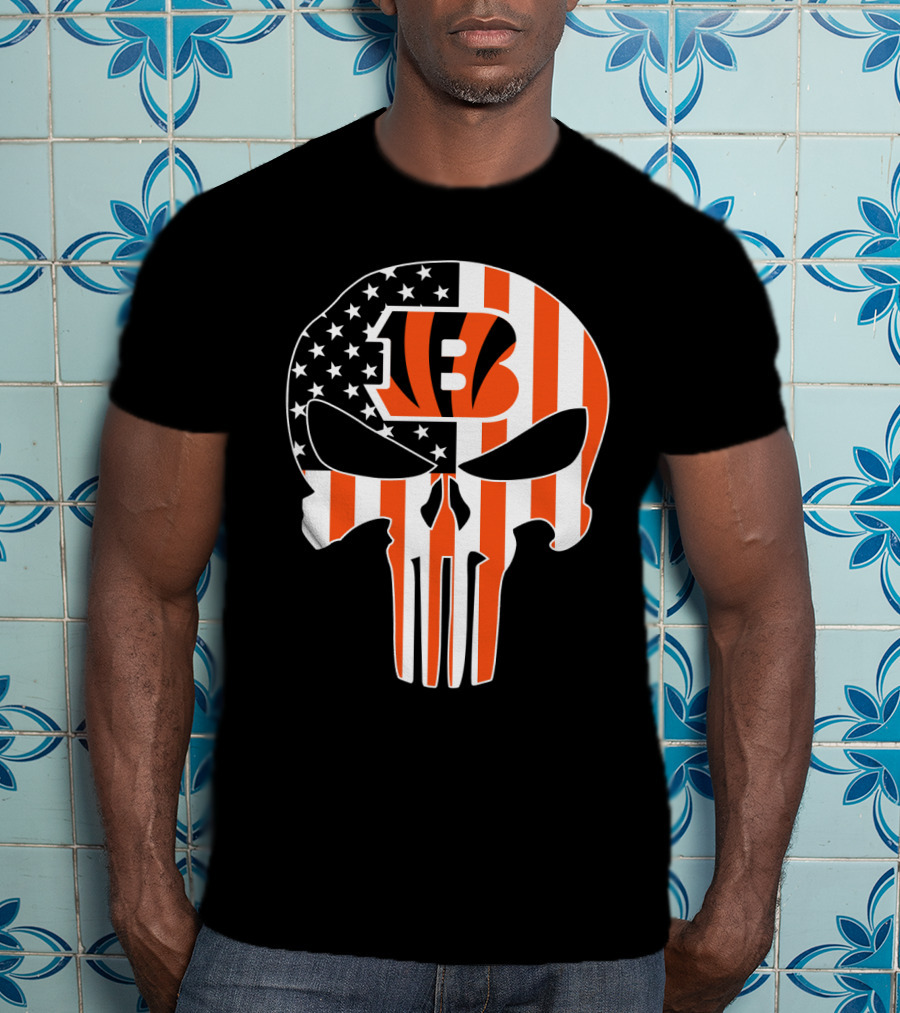 Bengals Skull American Flag Stripes T-Shirt