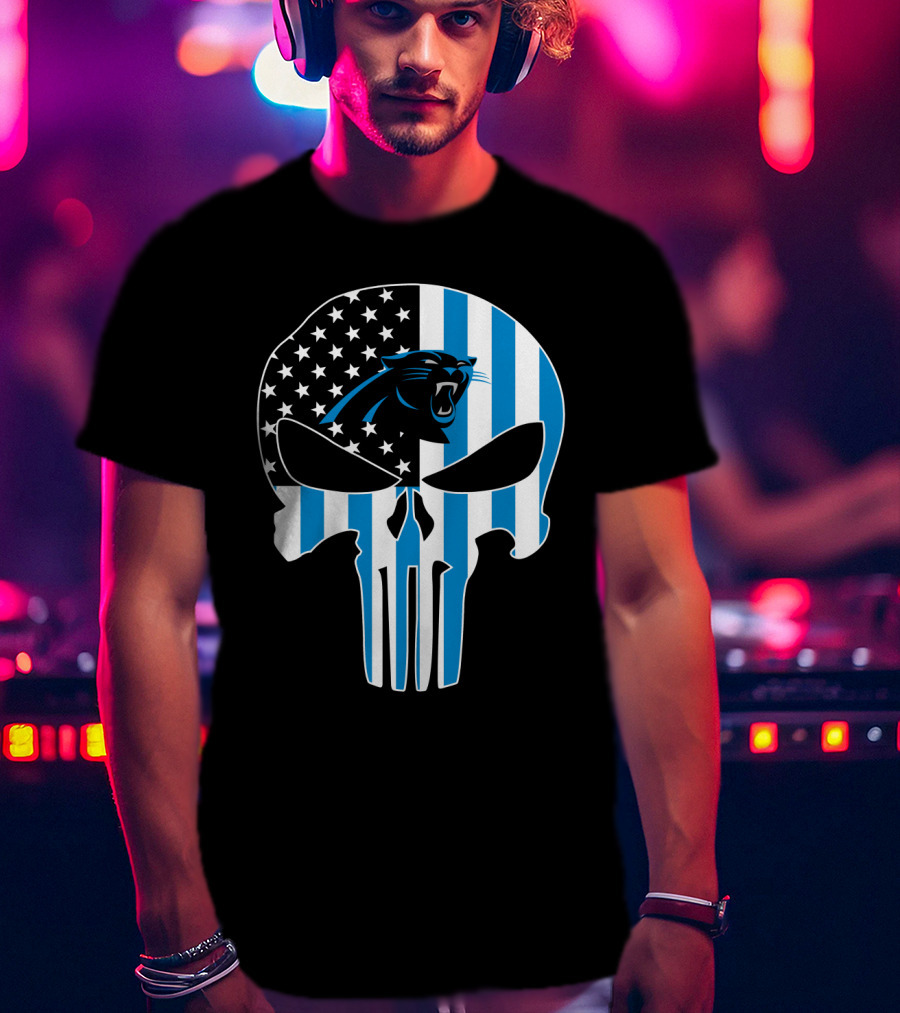 Carolina Panthers Punisher Skull American Flag T-Shirt