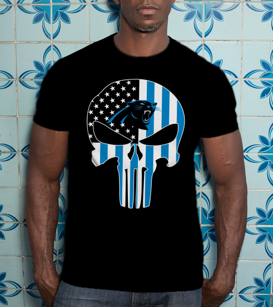 Carolina Panthers Punisher Skull American Flag T-Shirt