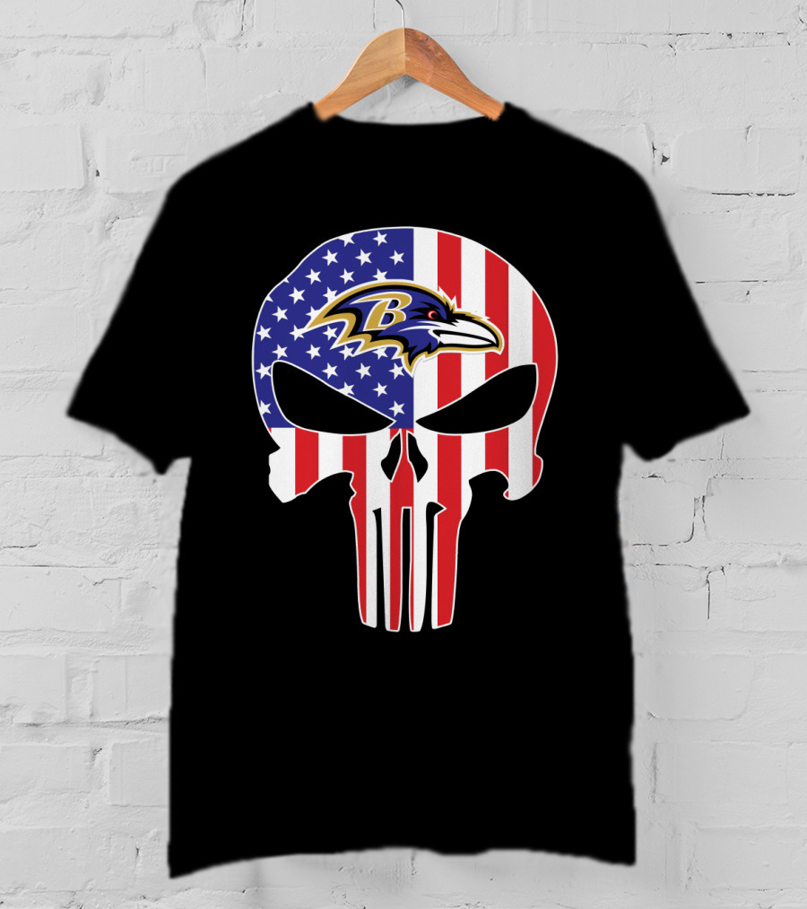 Ravens Skull American Flag Punisher Style T-Shirt