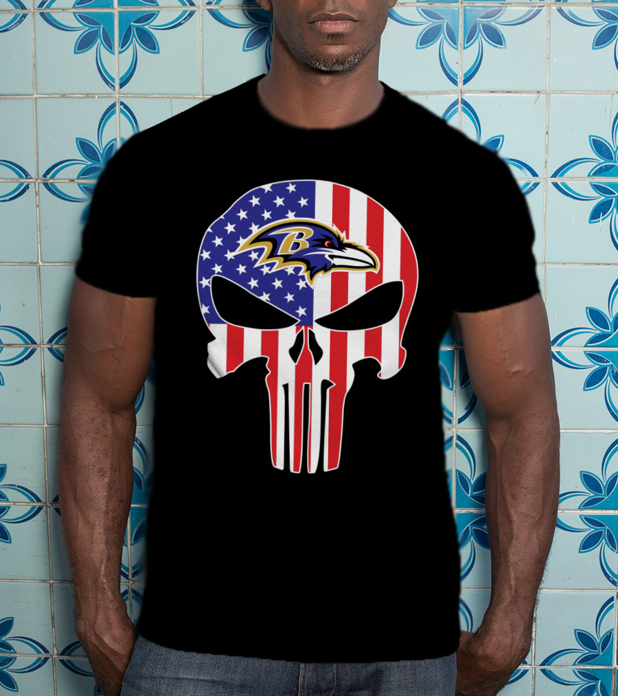 Ravens Skull American Flag Punisher Style T-Shirt