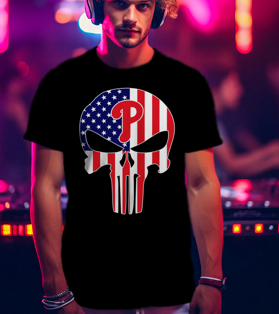 Phillies American Flag Punisher Style Skull T-Shirt