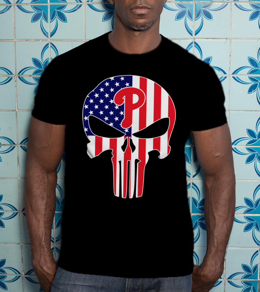 Phillies American Flag Punisher Style Skull T-Shirt