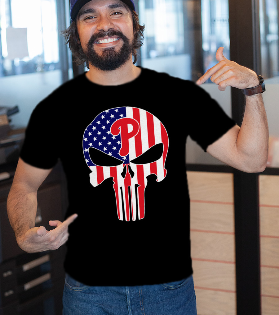 Phillies American Flag Punisher Style Skull T-Shirt