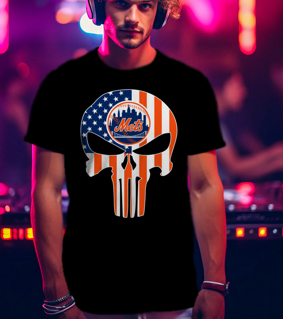 New York Mets American Flag Skull T-Shirt