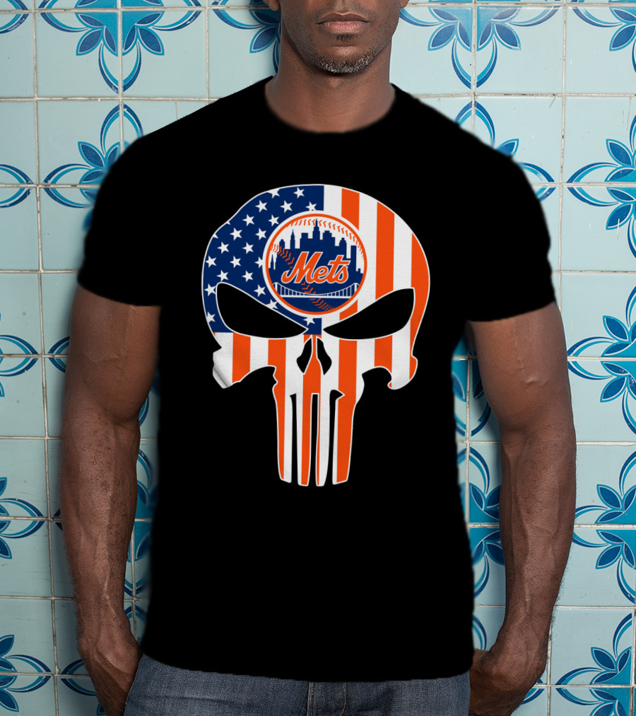 New York Mets American Flag Skull T-Shirt